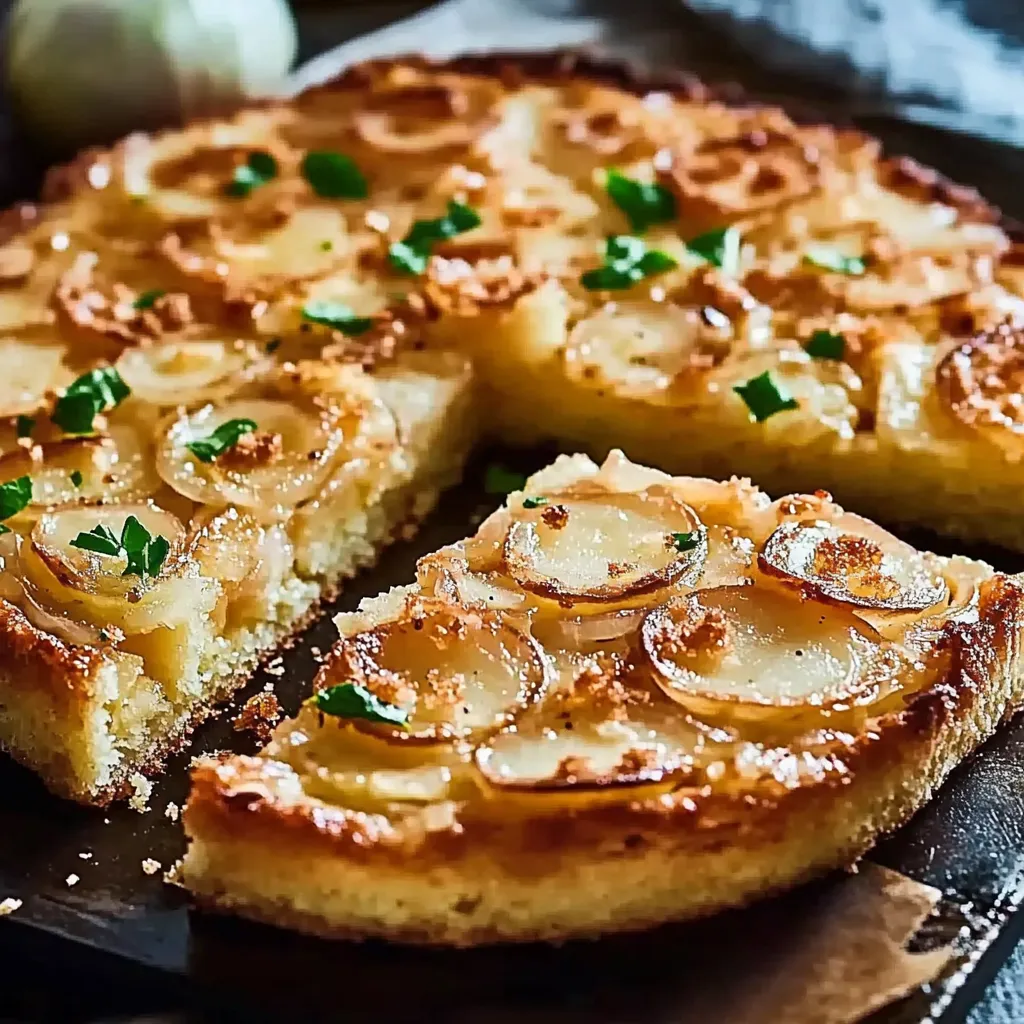 Eine Scheibe Käsekuchen mit Zwiebeln darauf.