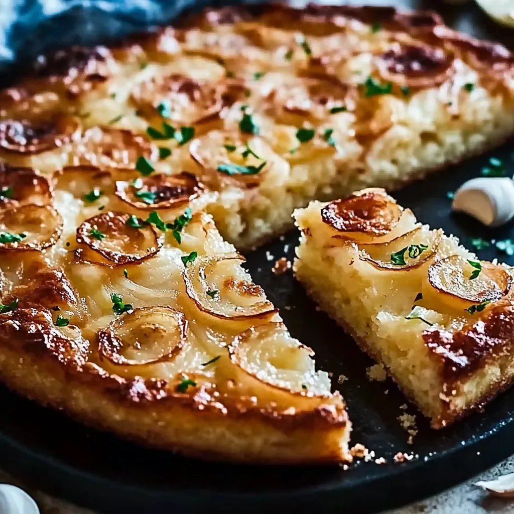 Eine halbe Scheibe von einem Kuchen mit Zwiebeln darauf.