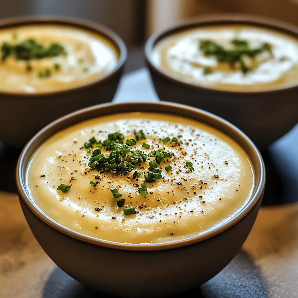 Ein Becher mit einer cremigen Masse, die mit grünen Zwiebeln garniert ist.