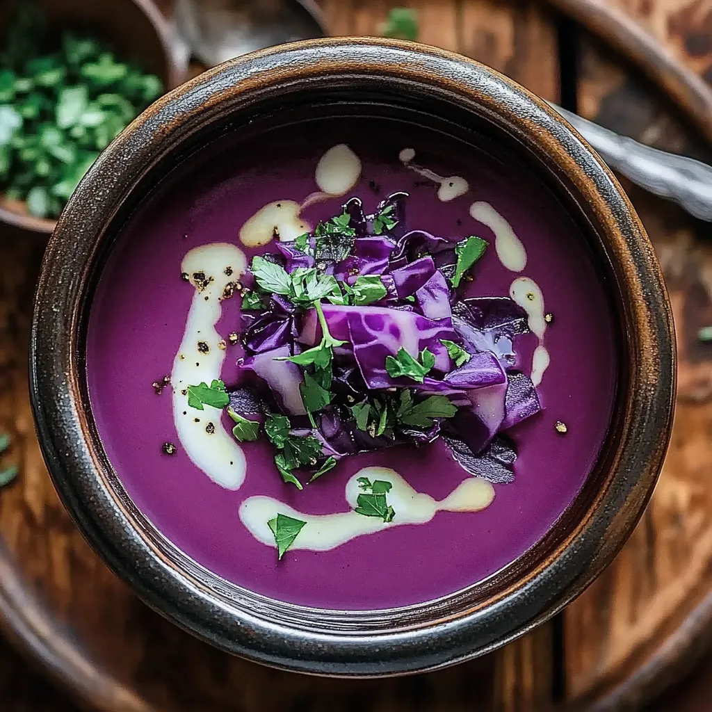 Ein Glas mit Purpur-Lauch-Suppe und grünen Blattchen.