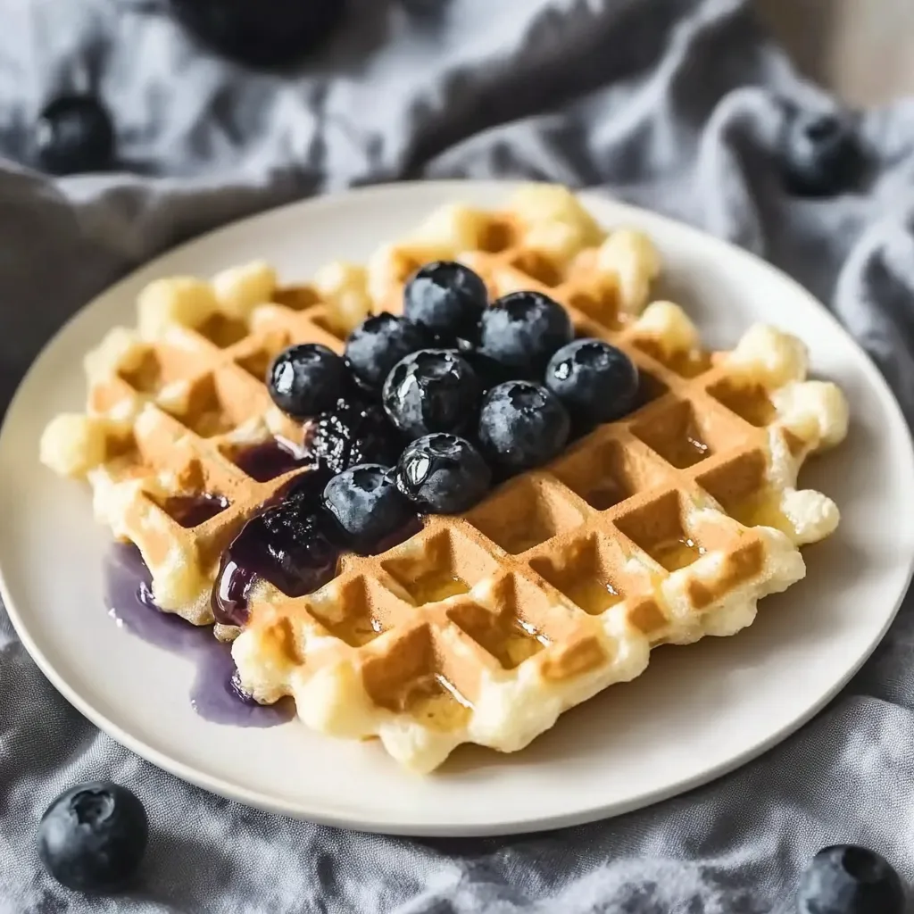 Ein weißer Teller mit einem Waffelkuchen, der mit Blaubeeren und Sauce garniert ist.