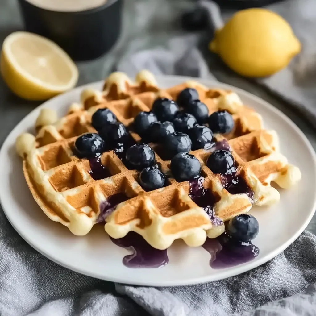 Ein weißer Teller mit einem Waffelkuchen, der mit Blaubeeren und Zitronen geschmückt ist.