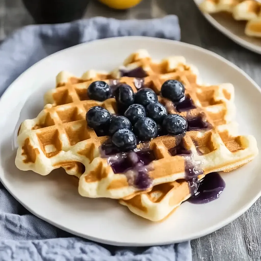Ein weißer Teller mit waffeligen Gebäcken, die mit Blaubeeren und Zitronen geschmolzen sind.