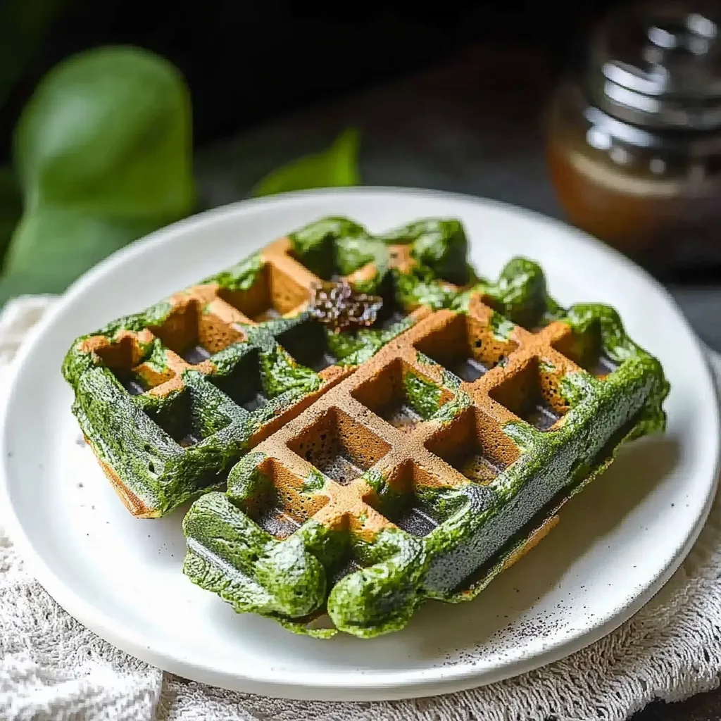 Ein weißer Teller mit einem Waffelkuchen, der grün und orange ist.