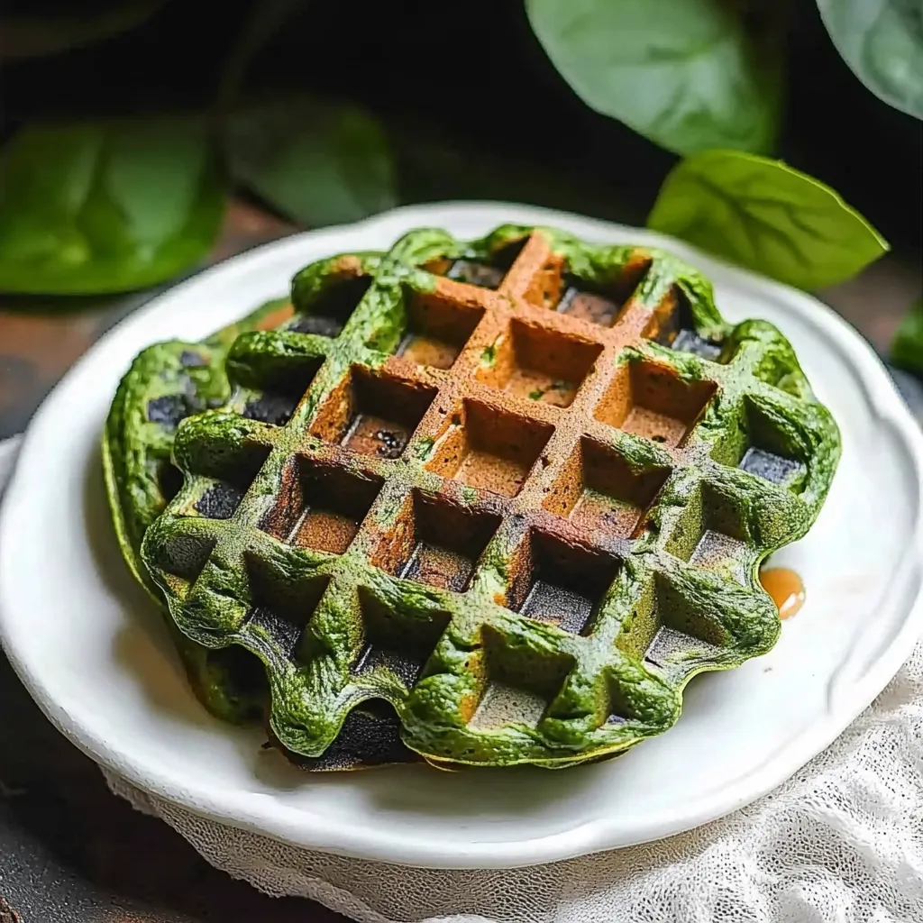 Ein Waffelkuchen mit grünen Zutaten auf einem weißen Plate.