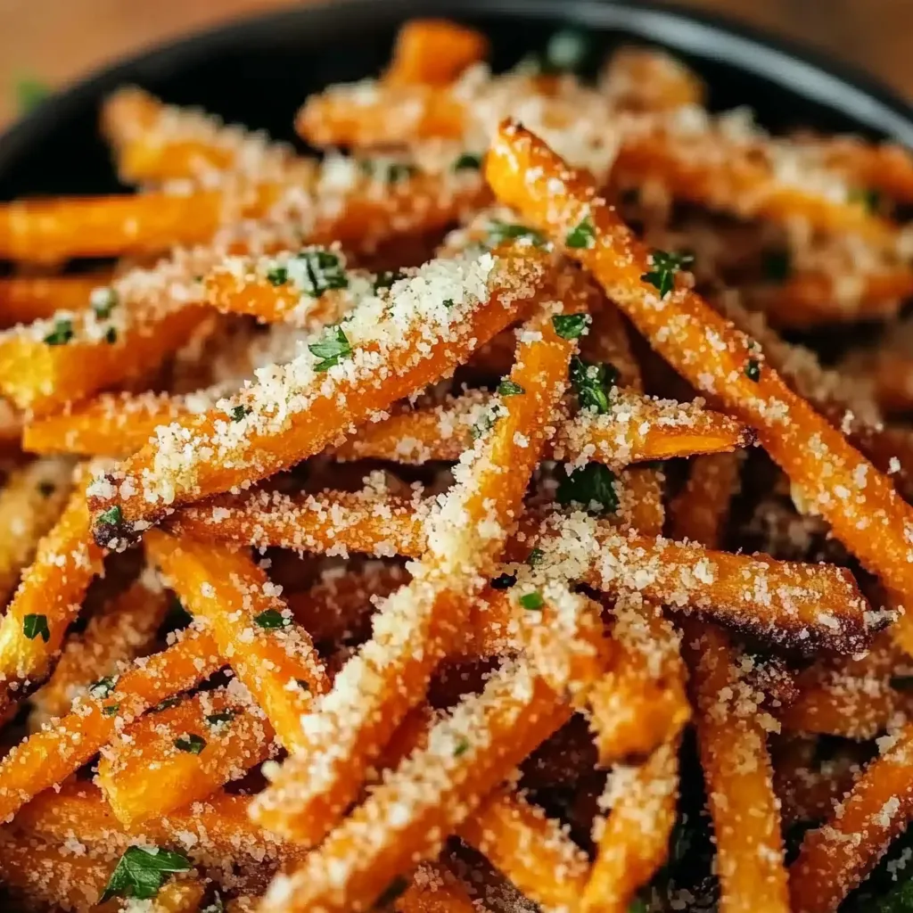 Eine Schüssel mit frisch zubereiteten, mit Parmesan geschnittenen, goldbraunen und knusprigen Fritten, die in einer Sauce serviert werden.