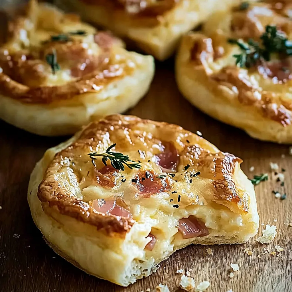 Ein kleiner, leckerer Käsekuchen mit frischem Käse und Zwiebeln auf einem Tisch.