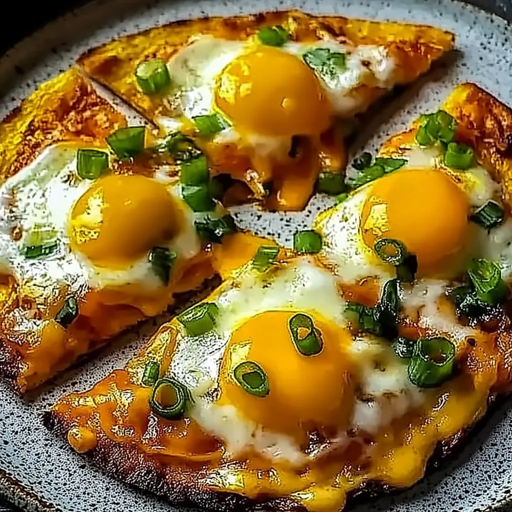 Eine Scheibe Pizza mit Eiern und Zwiebeln darauf.