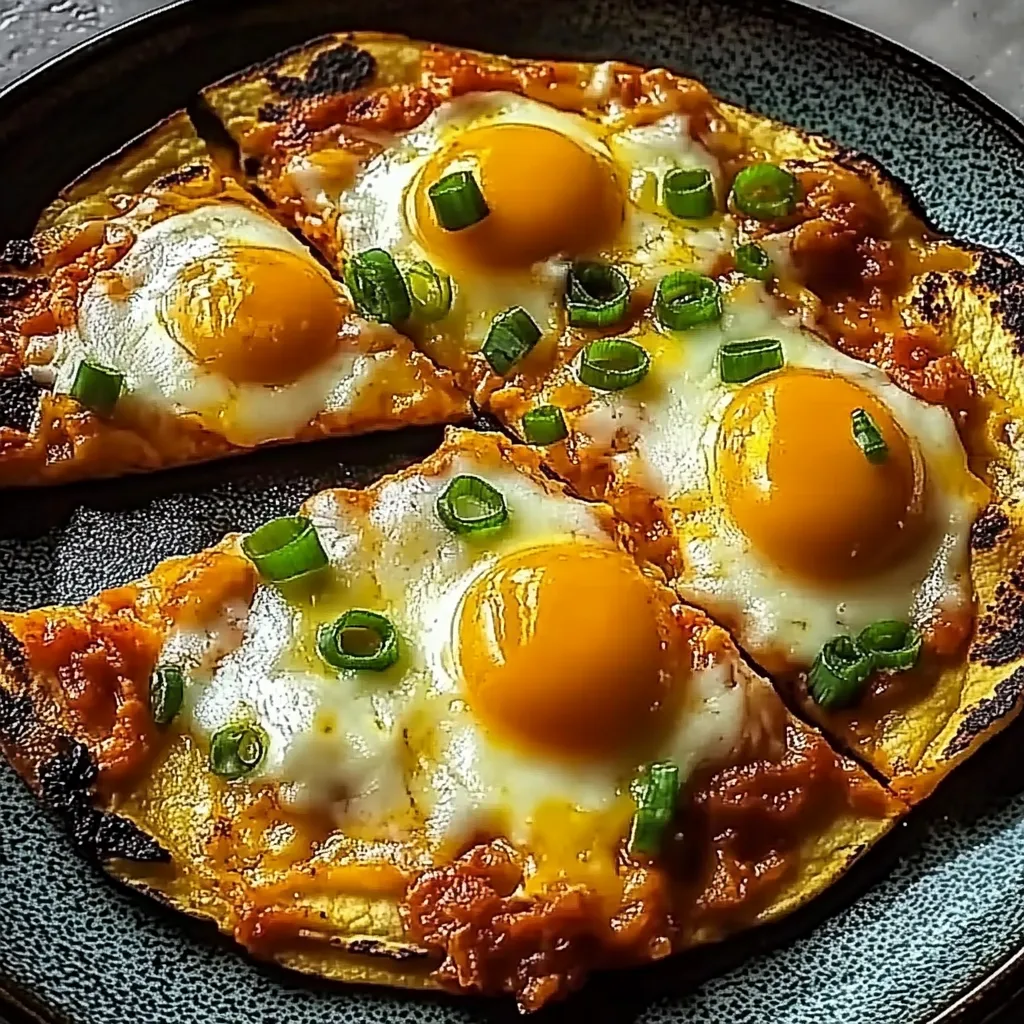 Eine Pizza mit Eiern und Zwiebeln auf einem Plate.