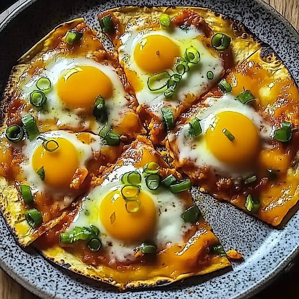 Eine pizza mit frisch zubereiteten Eiern auf einem Plate.