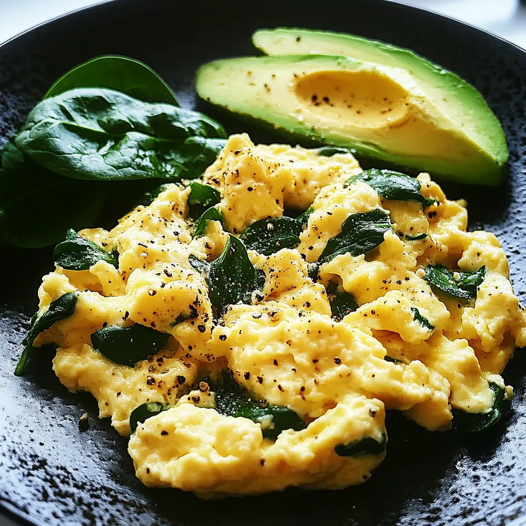 Eine Platte mit Eiern, Avocado und Spinat.