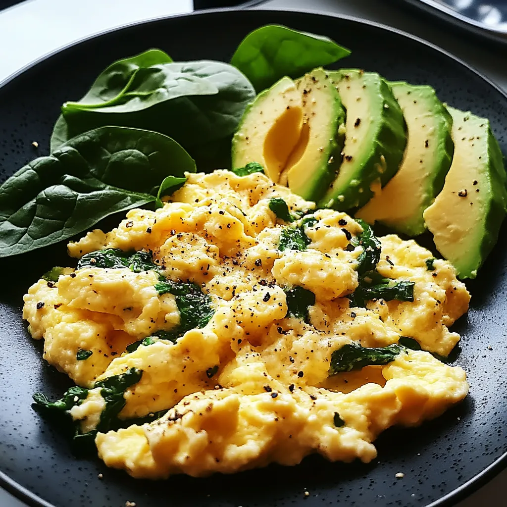Ein Schälchen mit Eiern, Spinat und Avocado auf einem schwarzen Teller.