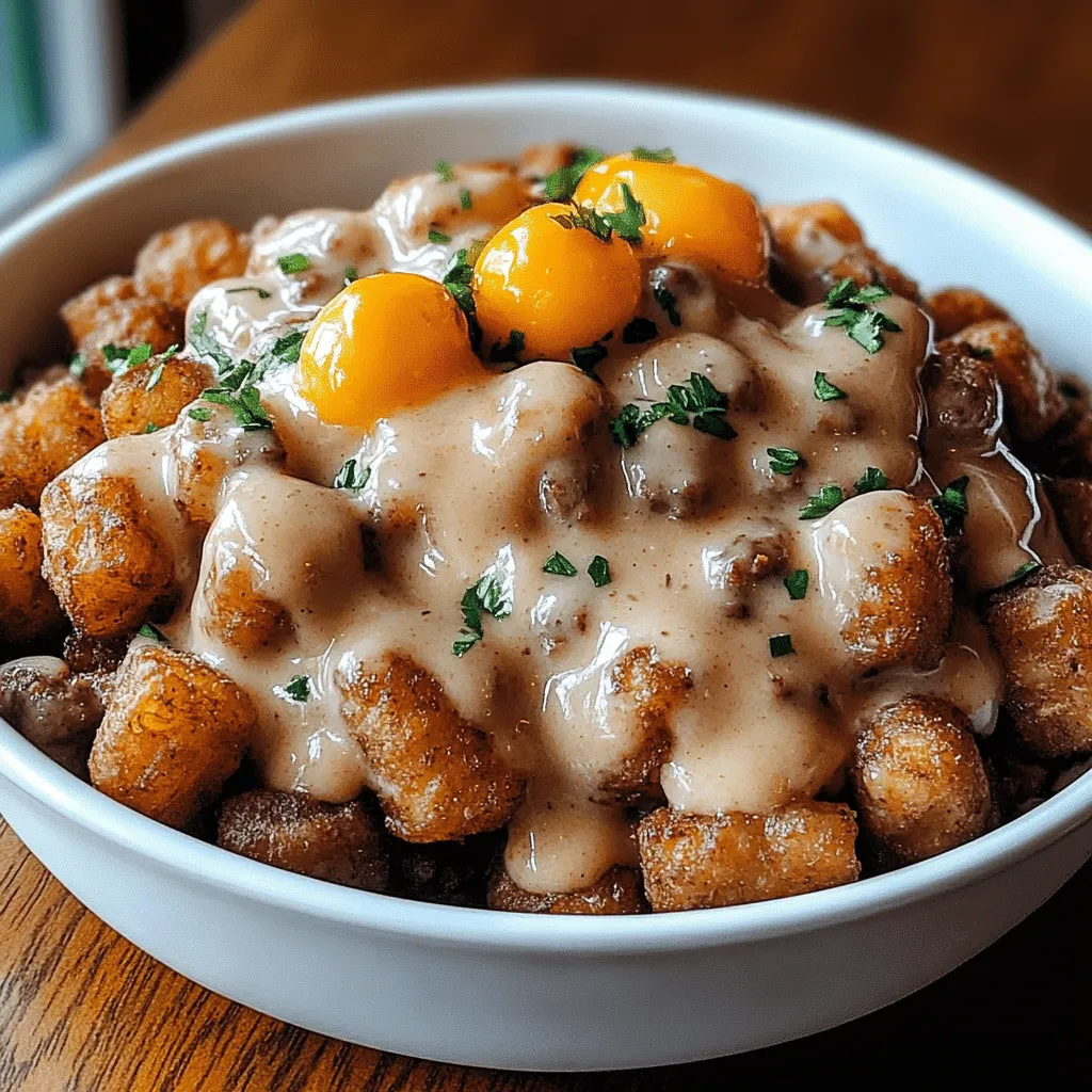 Ein weißer Teller mit einer Mischung aus Kartoffeln, Tater Tots und Käse.