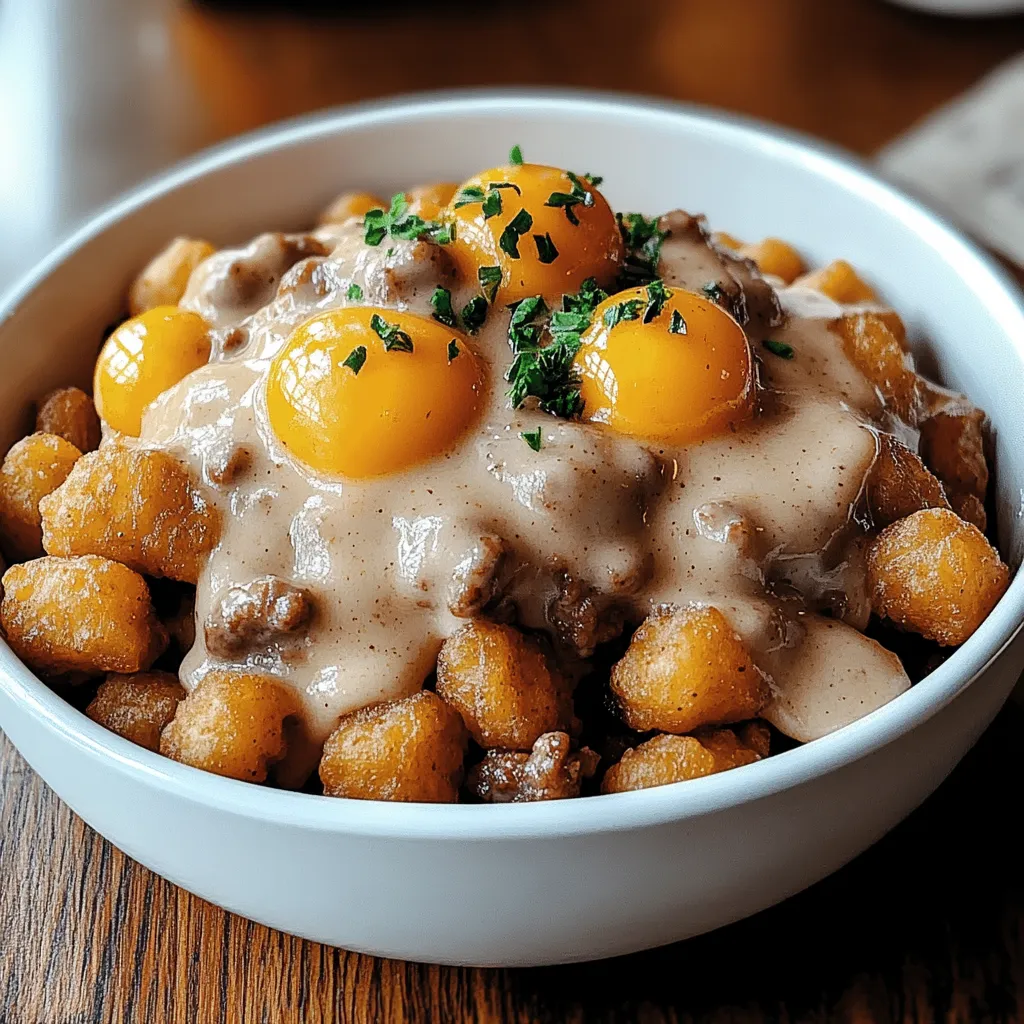 Ein weißer Teller mit einer Mischung aus Kartoffeln, Eiern und Sauce.