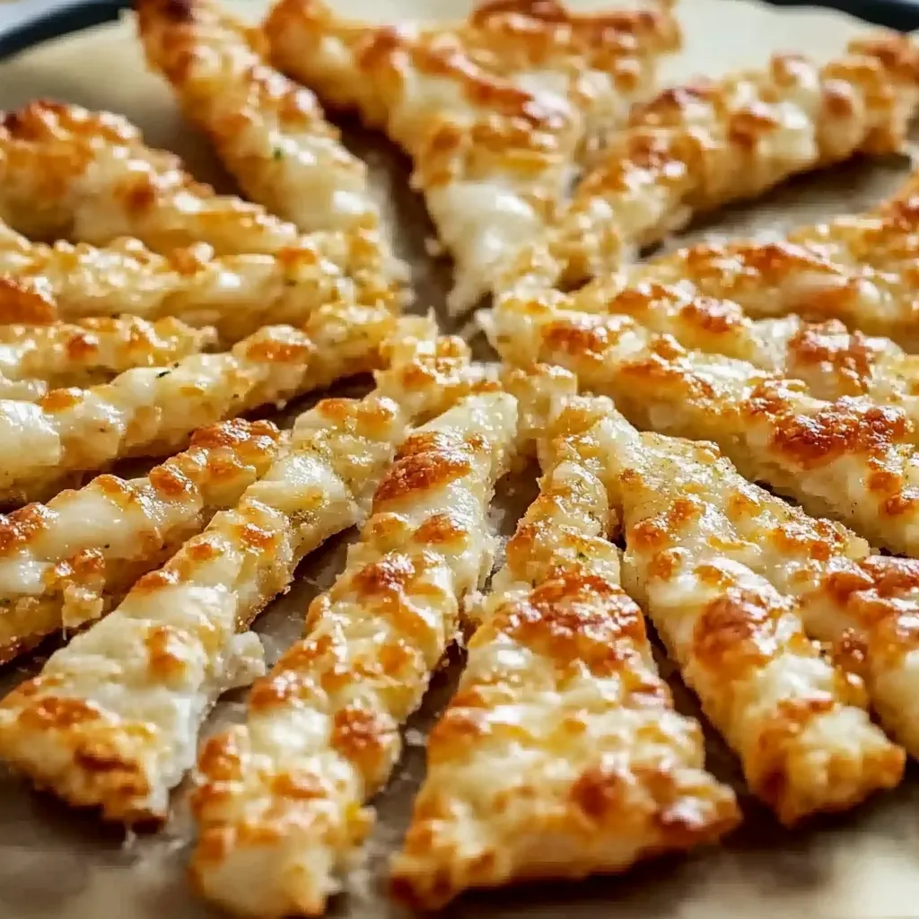 Eine Schicht aus Pizza-Streifen auf einem Teller.