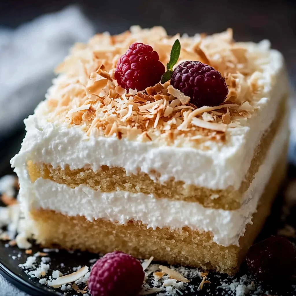 Eine Schicht von weißem Teig mit Raspberry-Fruchtgarnitur auf einem Dessert.