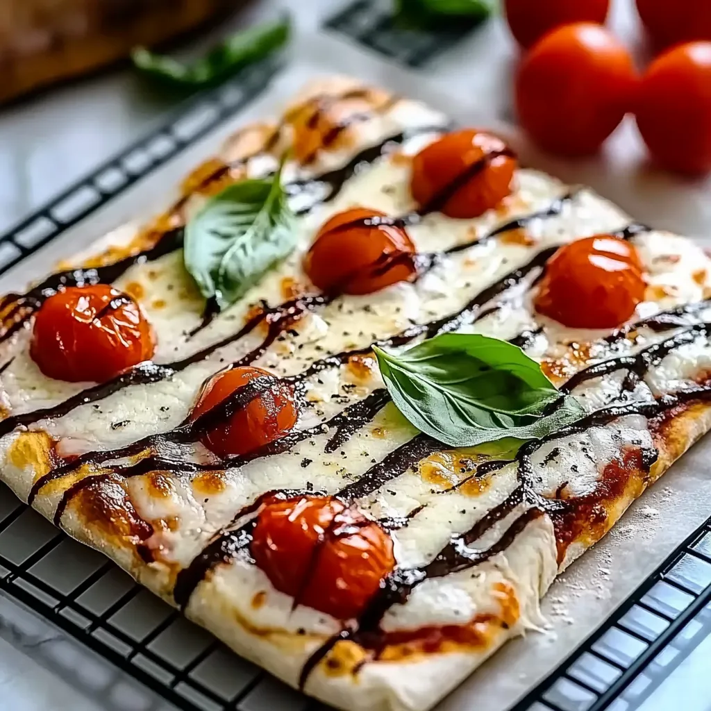 Eine Pizza mit Tomaten, Basilikum und Schokoladensoße auf einem Teller.