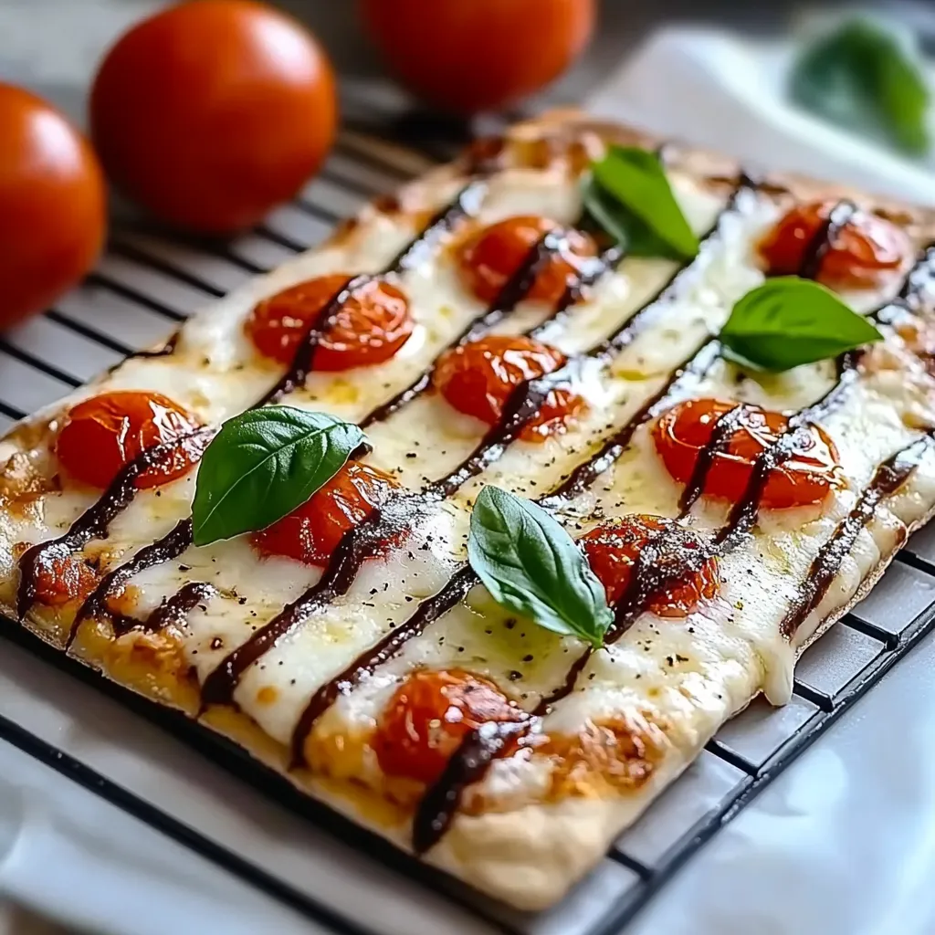 Eine Pizza mit Tomaten, Basilikum und Mozzarella auf einem Teller.