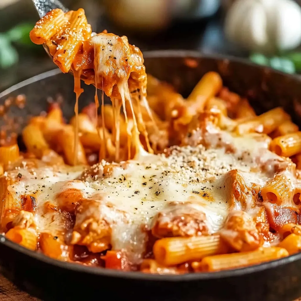 Eine Schüssel mit Penne-Nudelsalat, der mit Käse und Tomaten garniert ist.
