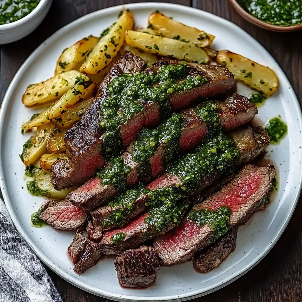 Ein Plate mit Steak, Kartoffeln und Pesto.