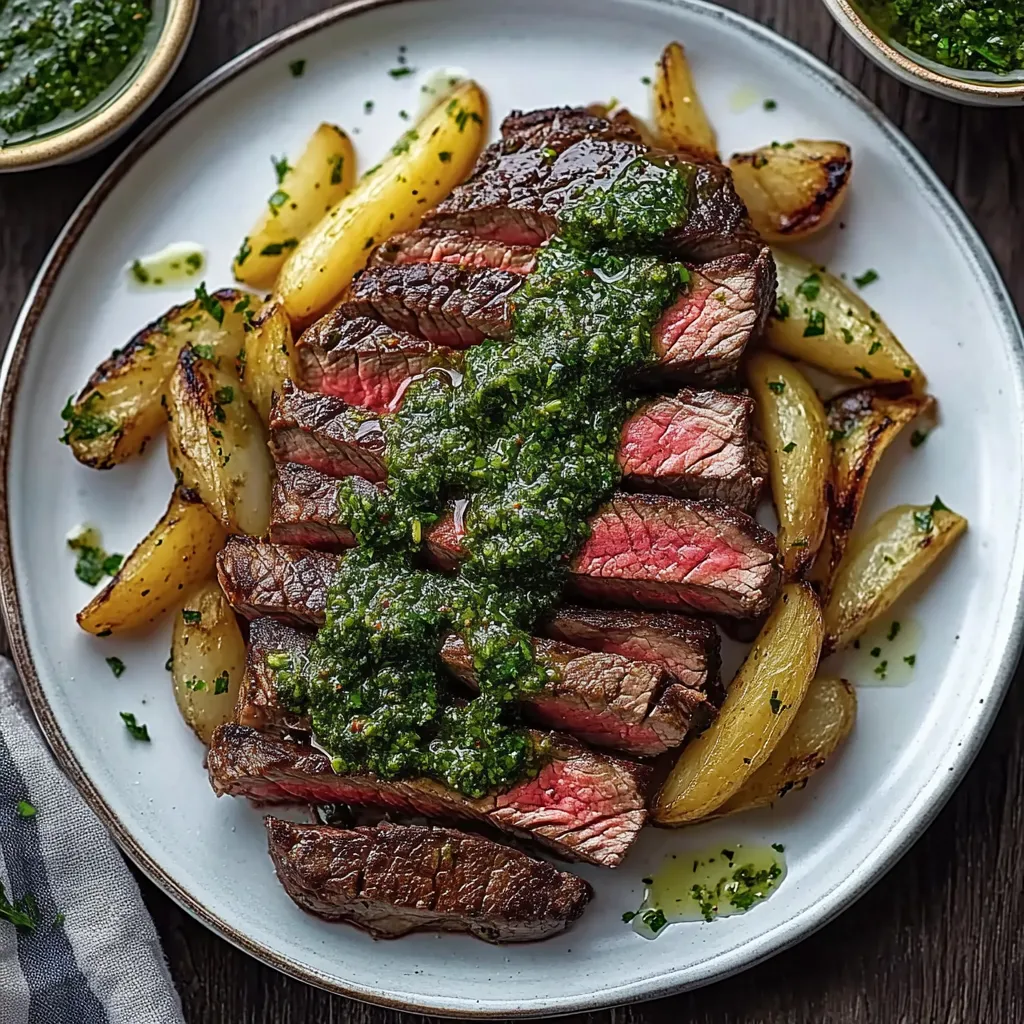 Ein Steak mit Pommes frites und einer Sauce darauf.