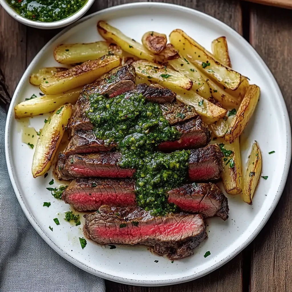 Ein Plate mit Steak und Kartoffeln.