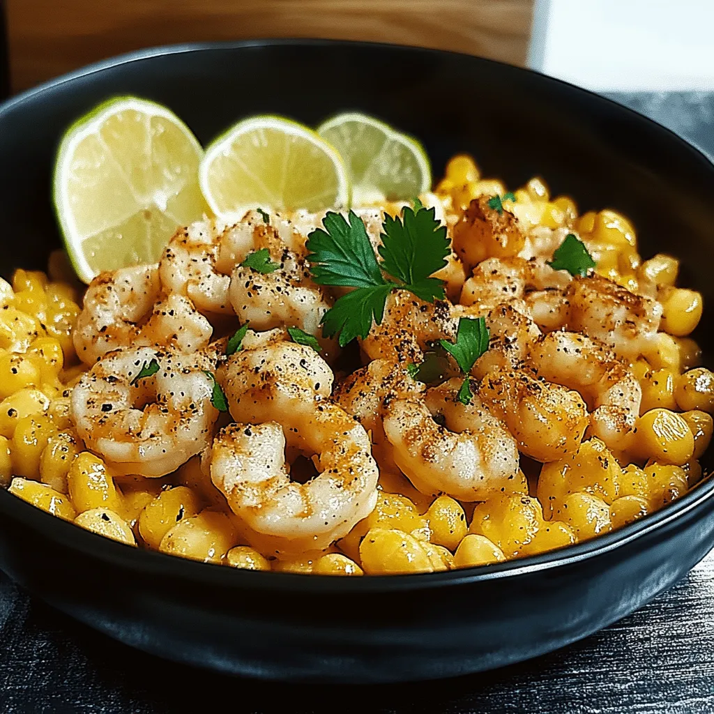 Ein schwarzer Teller mit einer Mischung aus Kartoffeln, Shrimp und Zitrone.