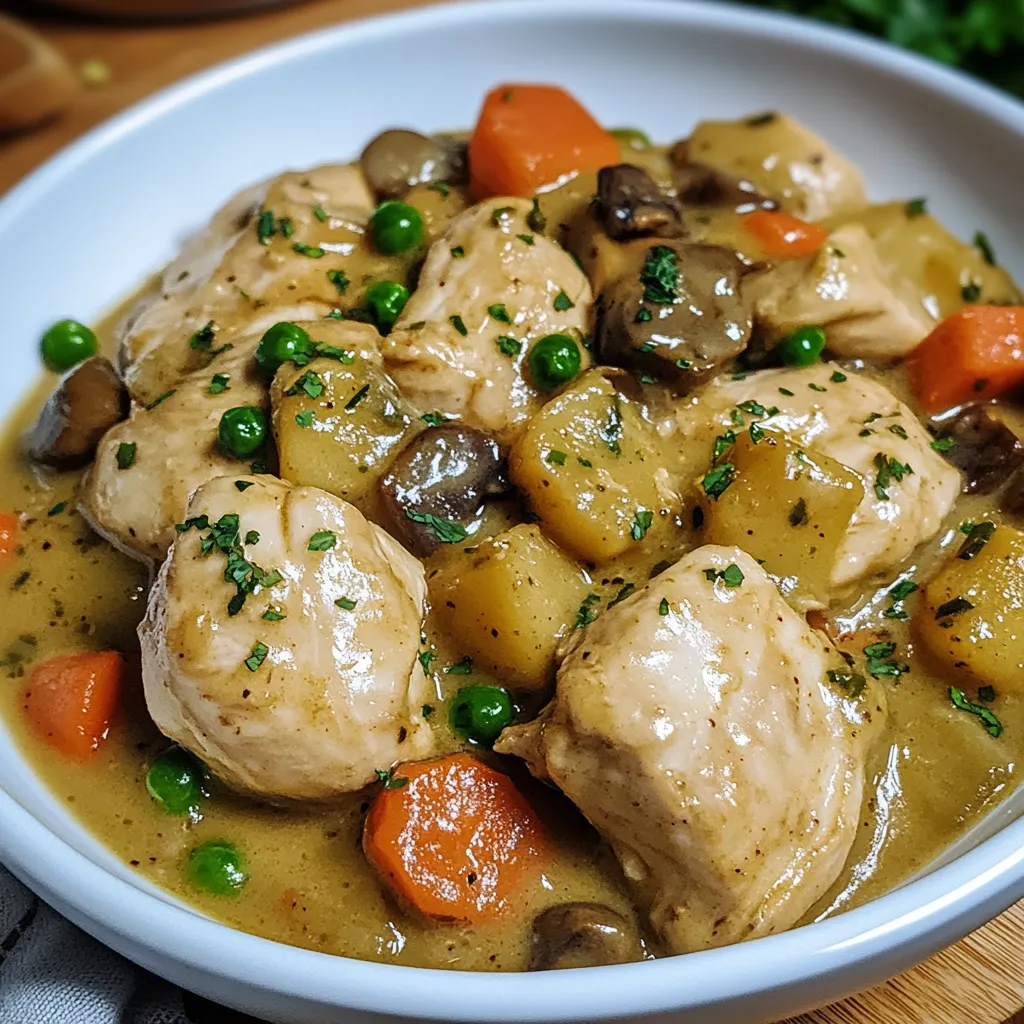 Ein weißer Teller mit einer Mischung aus Gemüse und Fleisch, darunter Karotten, Peas, Mushrooms und Zwiebeln.
