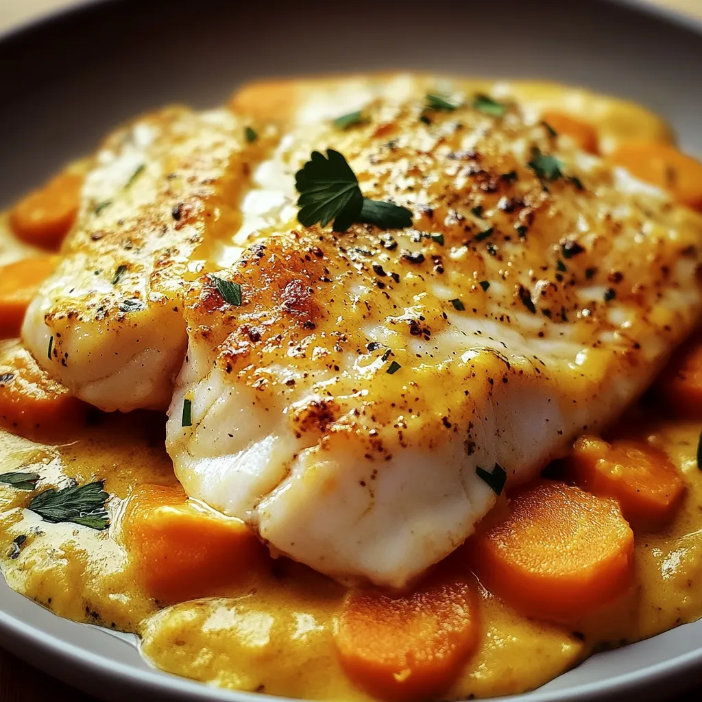 Ein Fischfilet mit grünen Zwiebeln und Gewürzen auf einem weißen Teller.