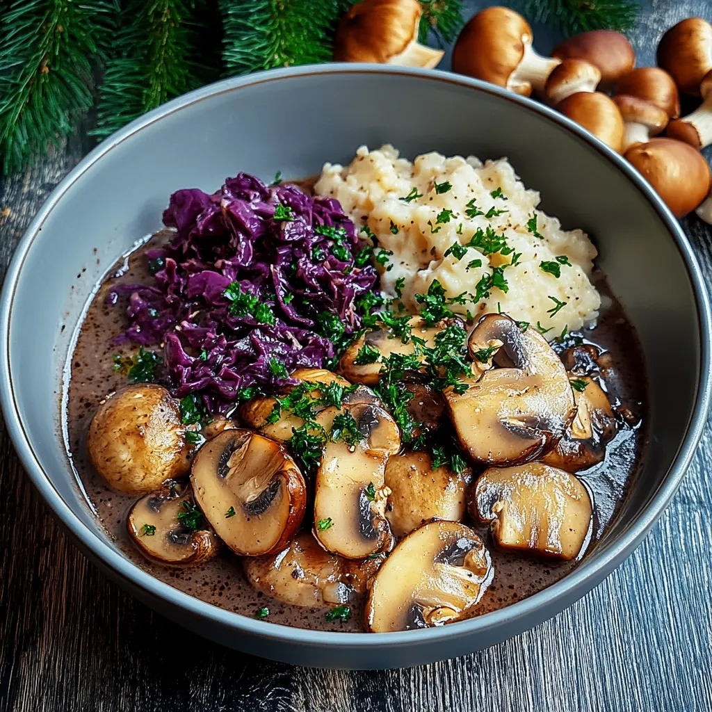 Ein Schüssel mit gegrilltem Fleisch, Kartoffeln, Sauerkraut und Mushrooms.