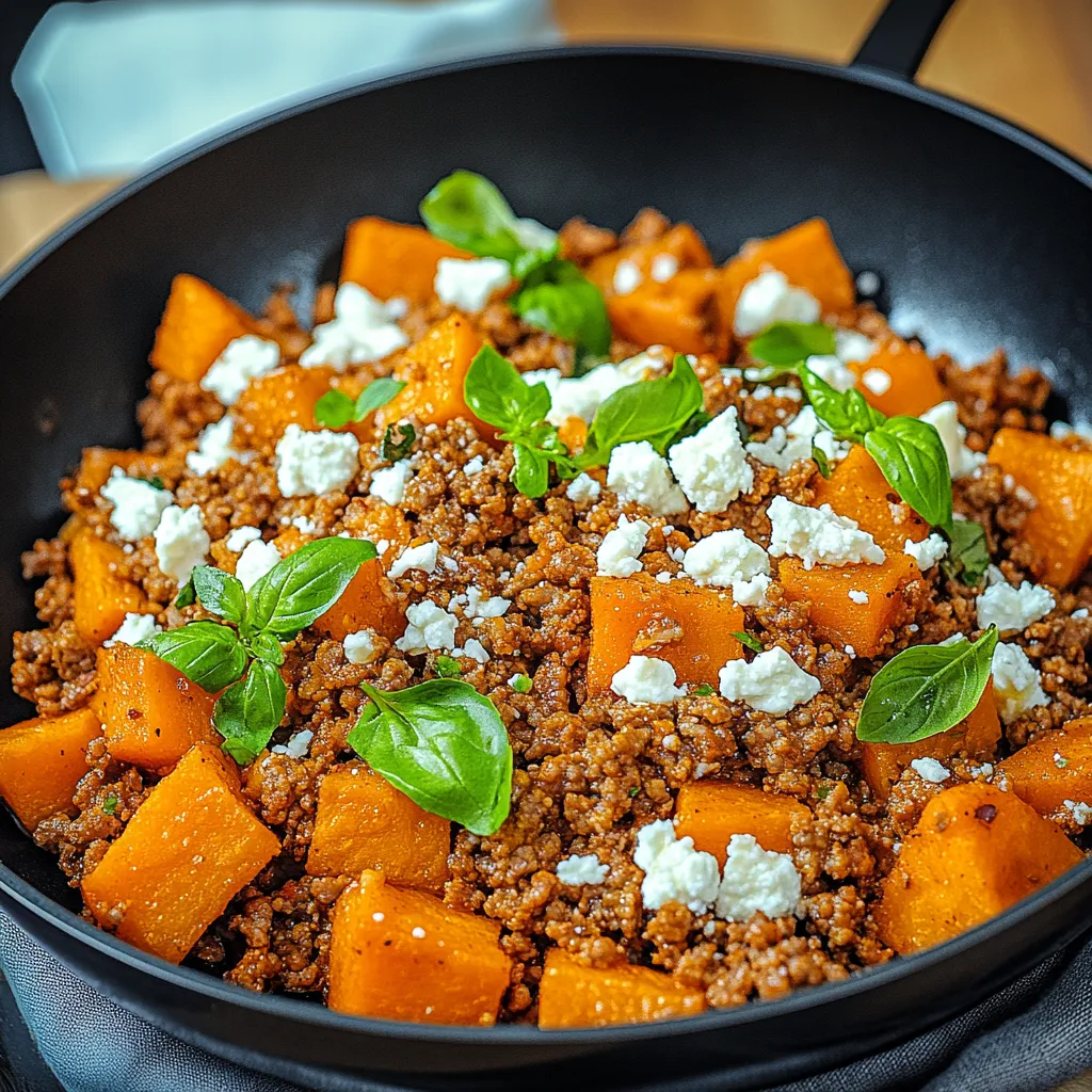 Ein schwarzes, leeres Teller mit einer Mischung aus Rindfleisch, Zwiebeln, Paprika, Koriander und Feta-Käse.