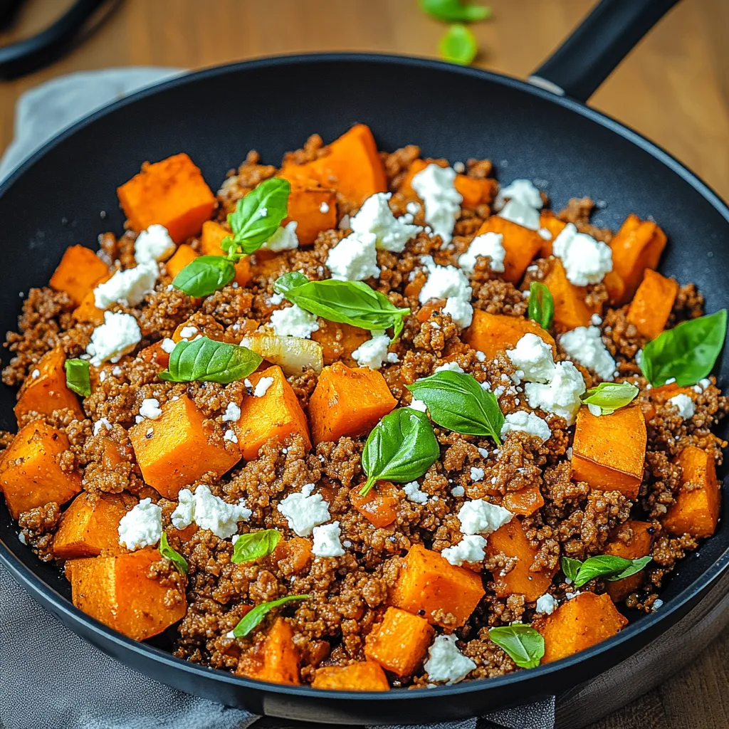 Ein schwarzes Kochgeschirr mit einer Mischung aus Rindfleisch, Zwiebeln, Paprika, Koriander und Parmesan.