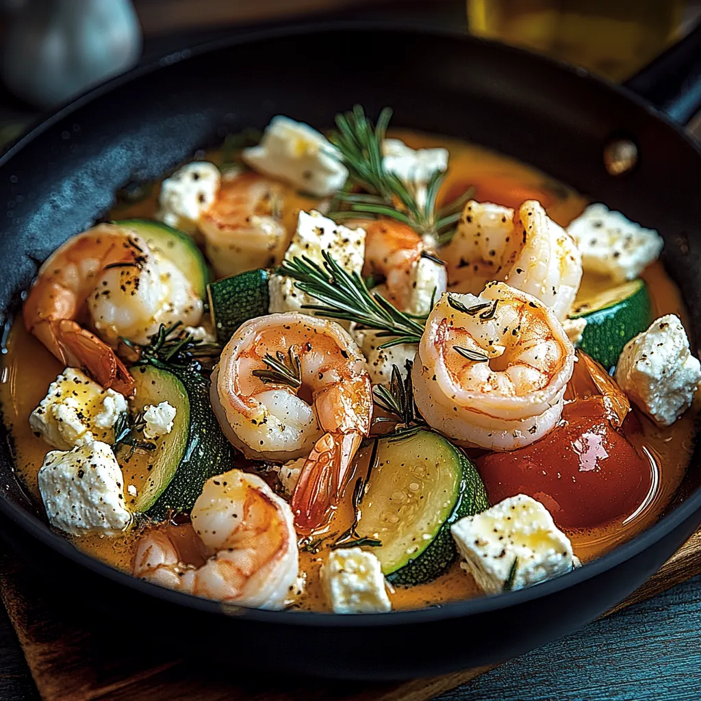 Eine Schüssel mit Zucchini, Shrimp und Zwiebeln.