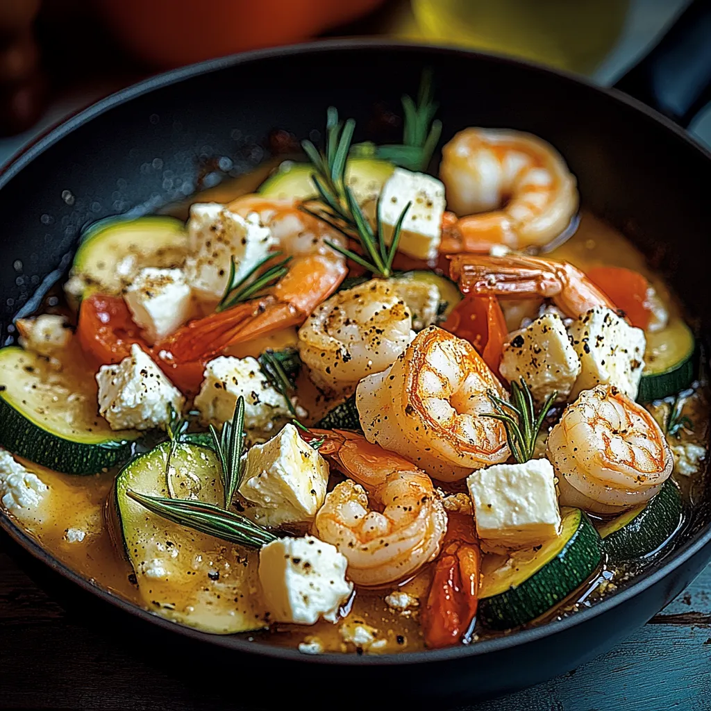 Eine Schüssel mit Zucchini, Shrimp und Zwiebeln.
