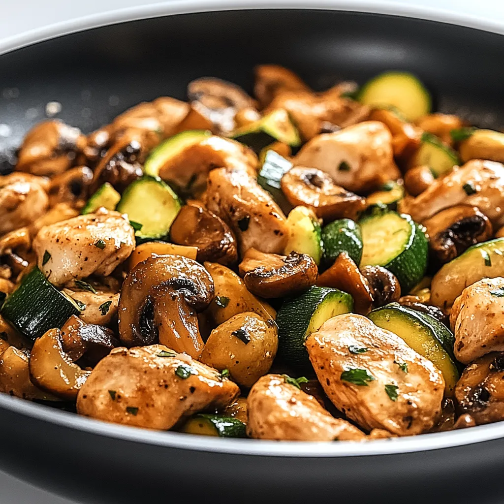 Ein schwarzes, glänzendes Kochgeschirr mit einer Mischung aus Zwiebeln, Zucchini, Champignons und Käse.