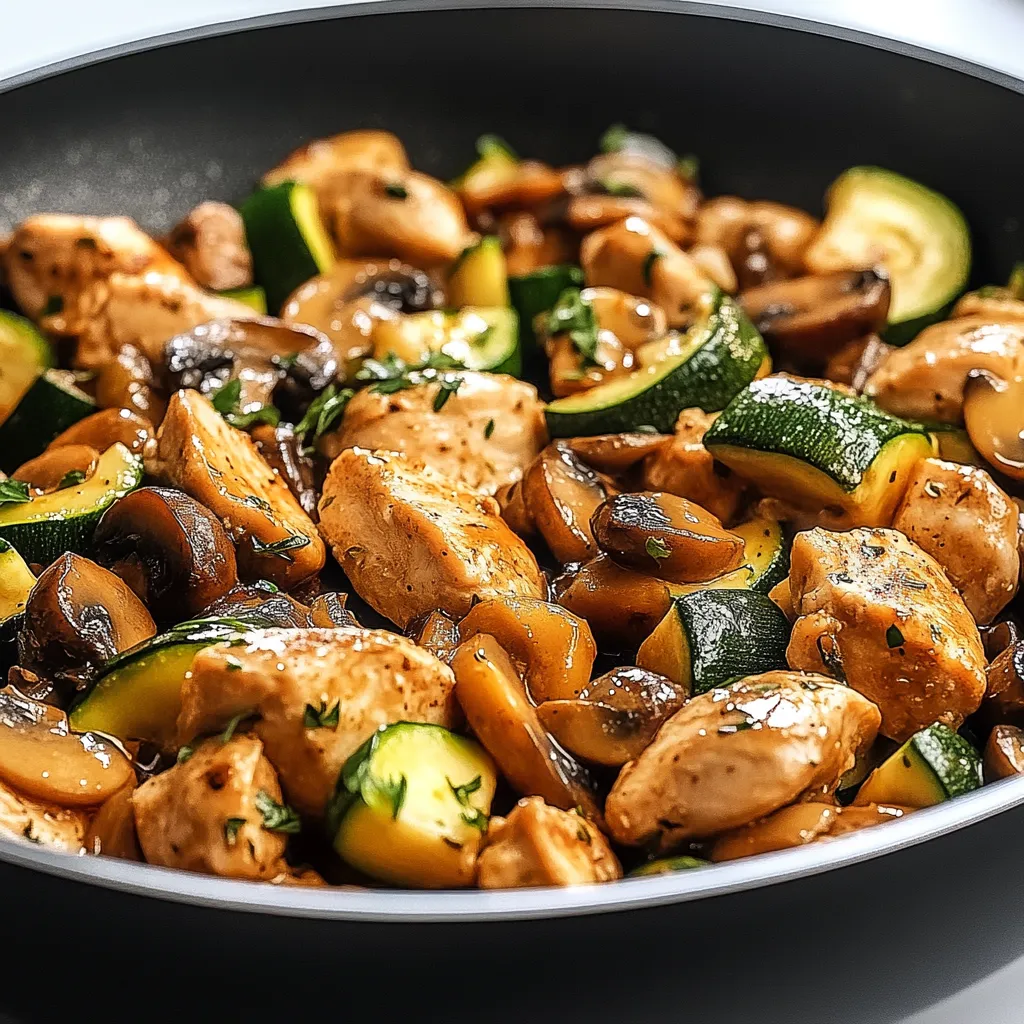 Ein schwarzes, leeres Wok mit einer Mischung aus Zwiebeln, Zucchini, Champignons und Käse.