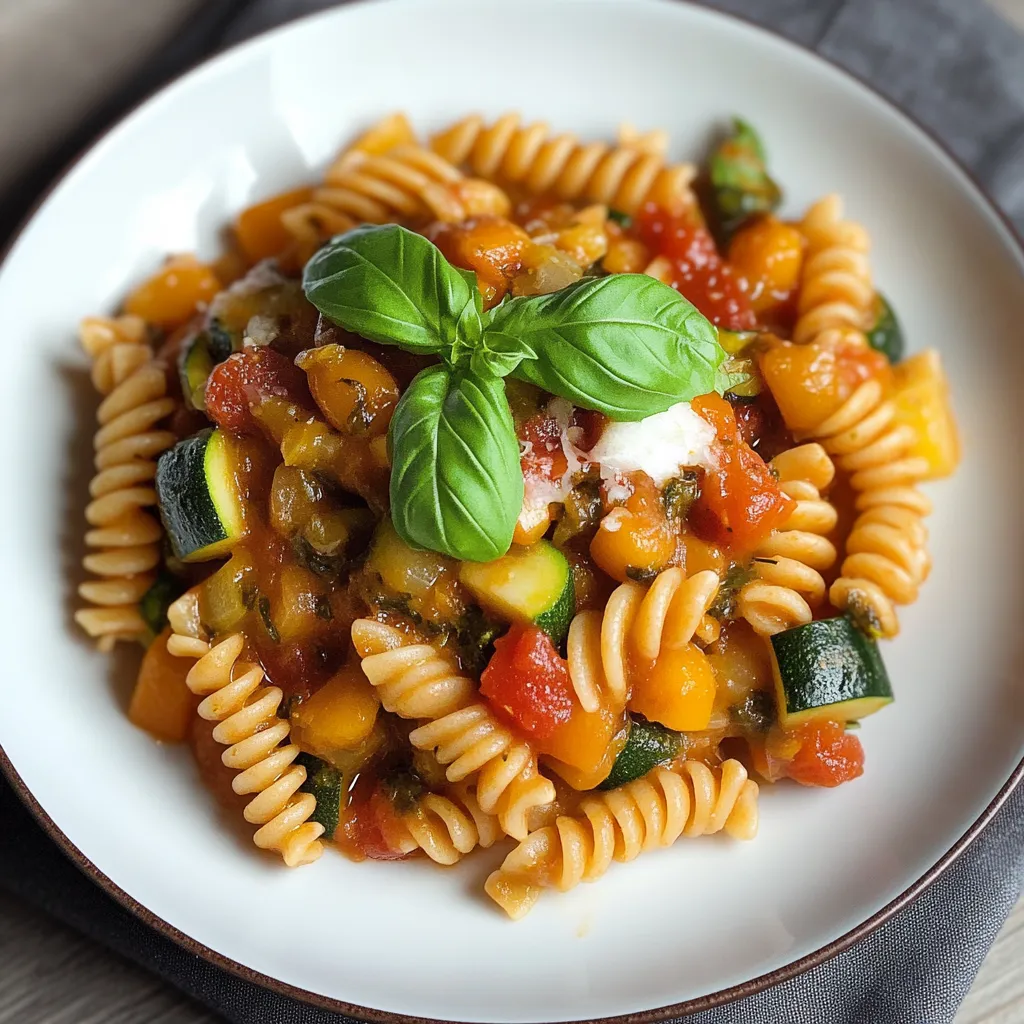 Ein weißer Teller mit Pasta, Zucchini, Tomaten, Basilikum und Käse.