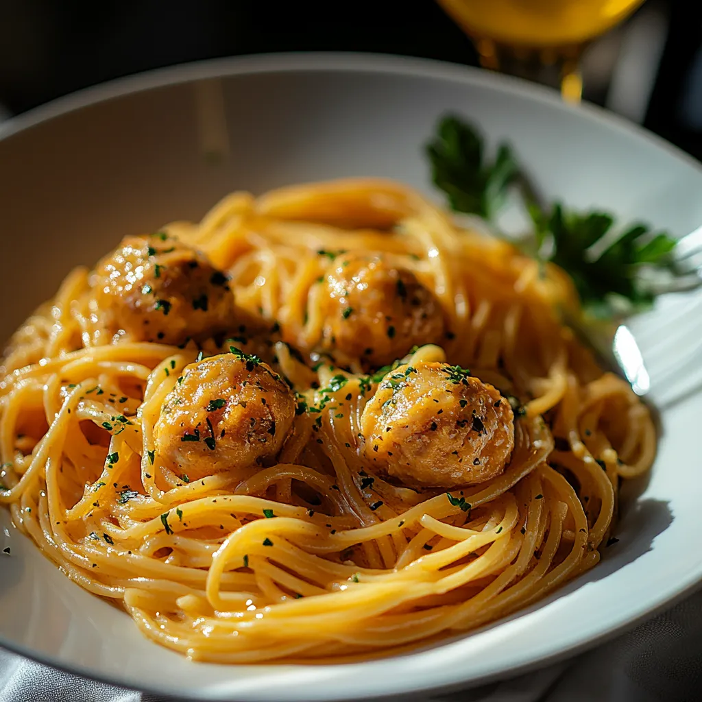 Ein weißer Teller mit Pasta und garniert mit Parsley und Zwiebeln.