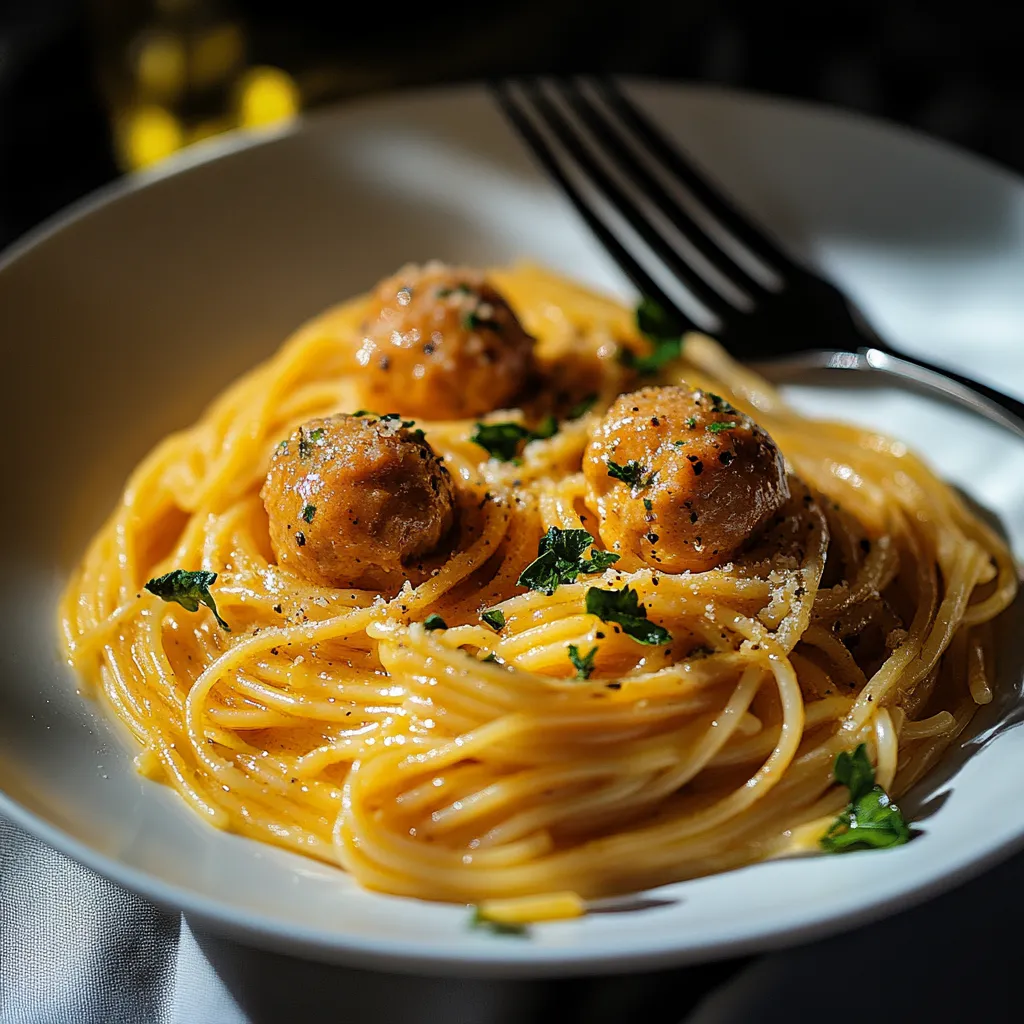 Ein weißer Teller mit Spaghetti und saure Gurken.