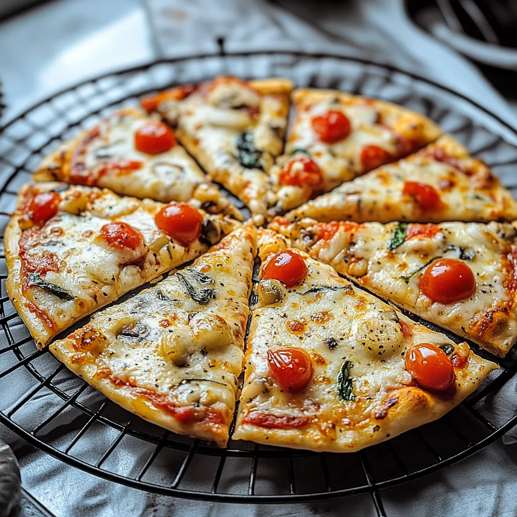 Eine Pizza mit verschiedenen Zutaten wie Tomaten, Spinat und Käse auf einem Teller.