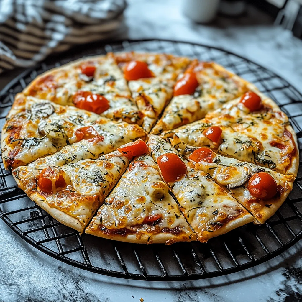 Eine pizza mit verschiedenen Zutaten wie Tomaten, Basilikum und Mozzarella auf einem Grill.