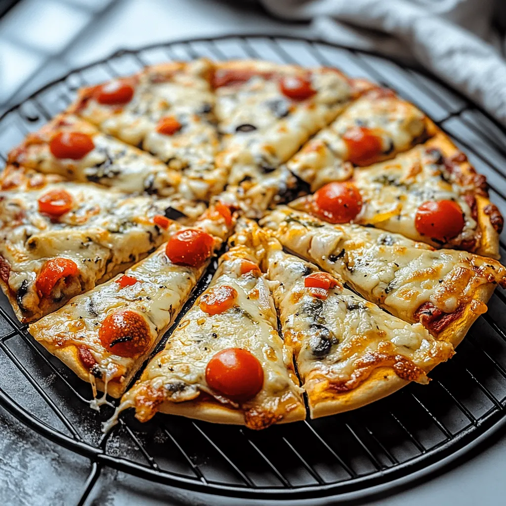 Eine Pizza mit verschiedenen Zutaten wie Tomaten, Oliven, Basilikum und Käse auf einem Teller.