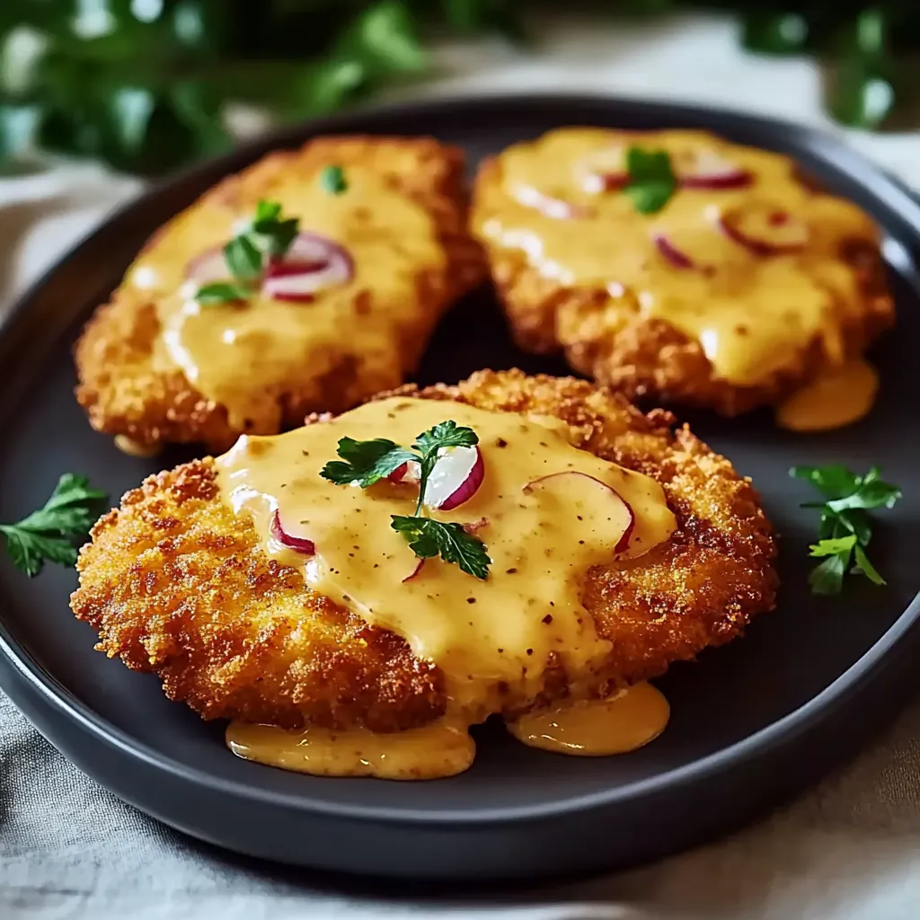Zwei Scheiben Käse mit Zwiebeln und Sauce auf einem Plate.