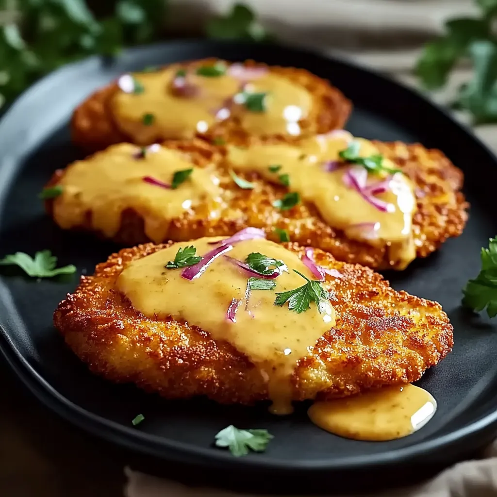 Zwei frittierte Käsekuchen mit Sauce auf einem schwarzen Teller.