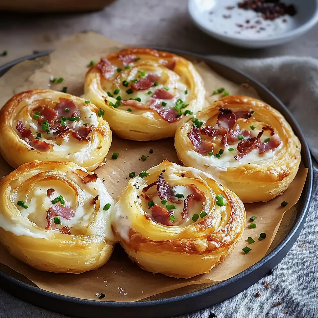 Eine Platte mit sechs Bacon-Rolls auf einer Unterlage.