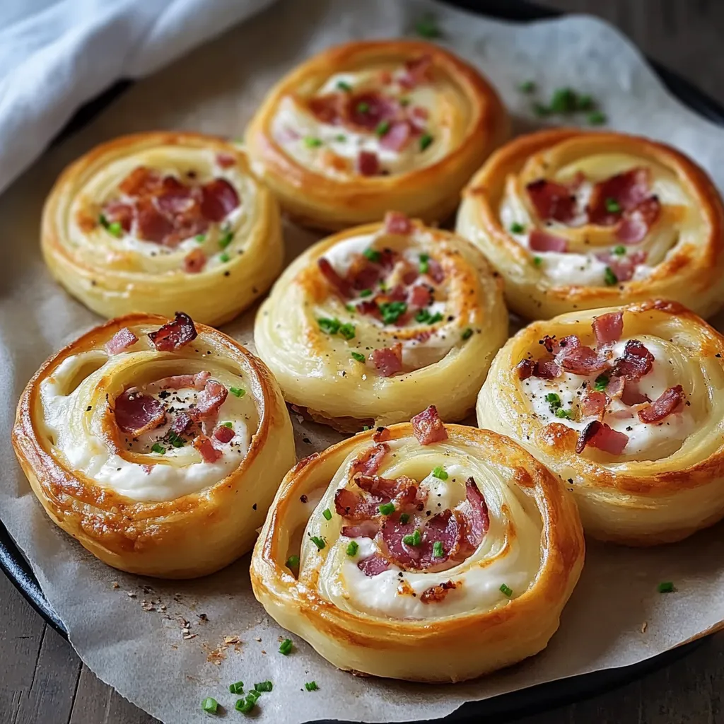 Eine Platte mit sechs Bacon-Taschen, die mit Bacon, Mayonnaise und Zwiebeln gefüllt sind.