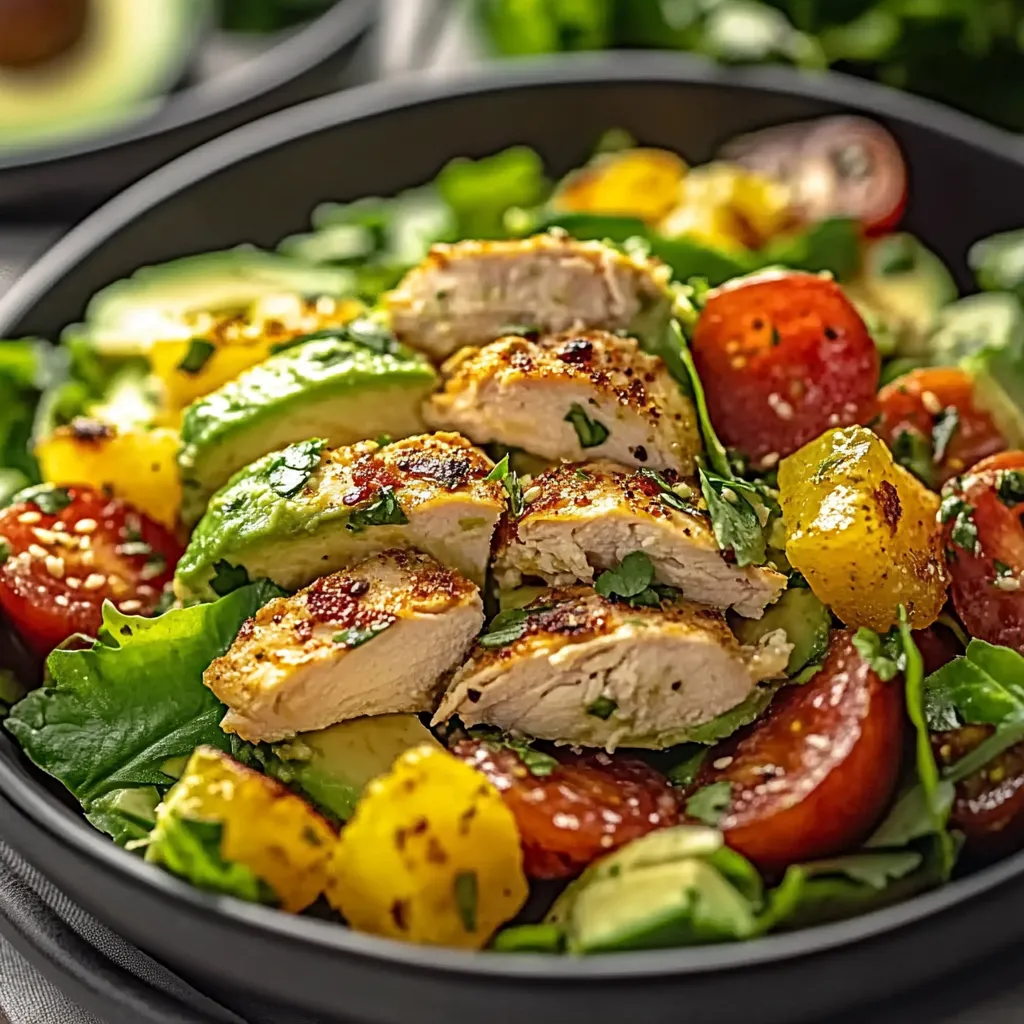 Ein schönes Salat mit vielen Zutaten wie Avocado, Tomaten, Lettuce, Aubergine, Zwiebeln und Koriander.