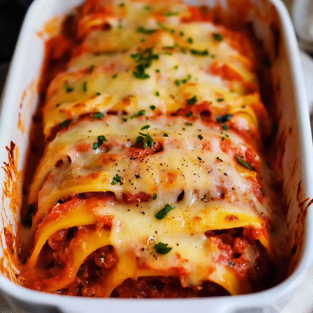 Ein weißer Teller mit einer Lasagne, die mit grünen Zwiebeln und Käse garniert ist.