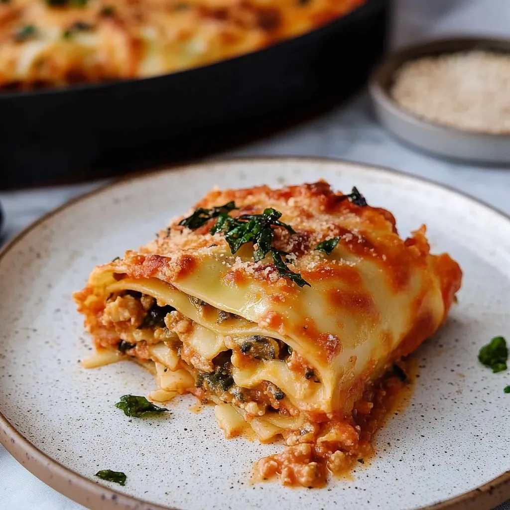 Ein Plate mit einer Lasagne, die mit Spinat und Zwiebeln garniert ist.