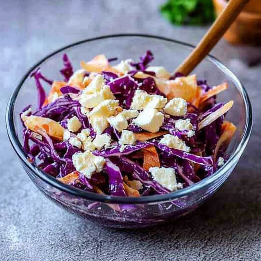 Ein Glas mit einer salatartigen Beilage, die aus Kohl, Sauerkraut und Käse besteht.